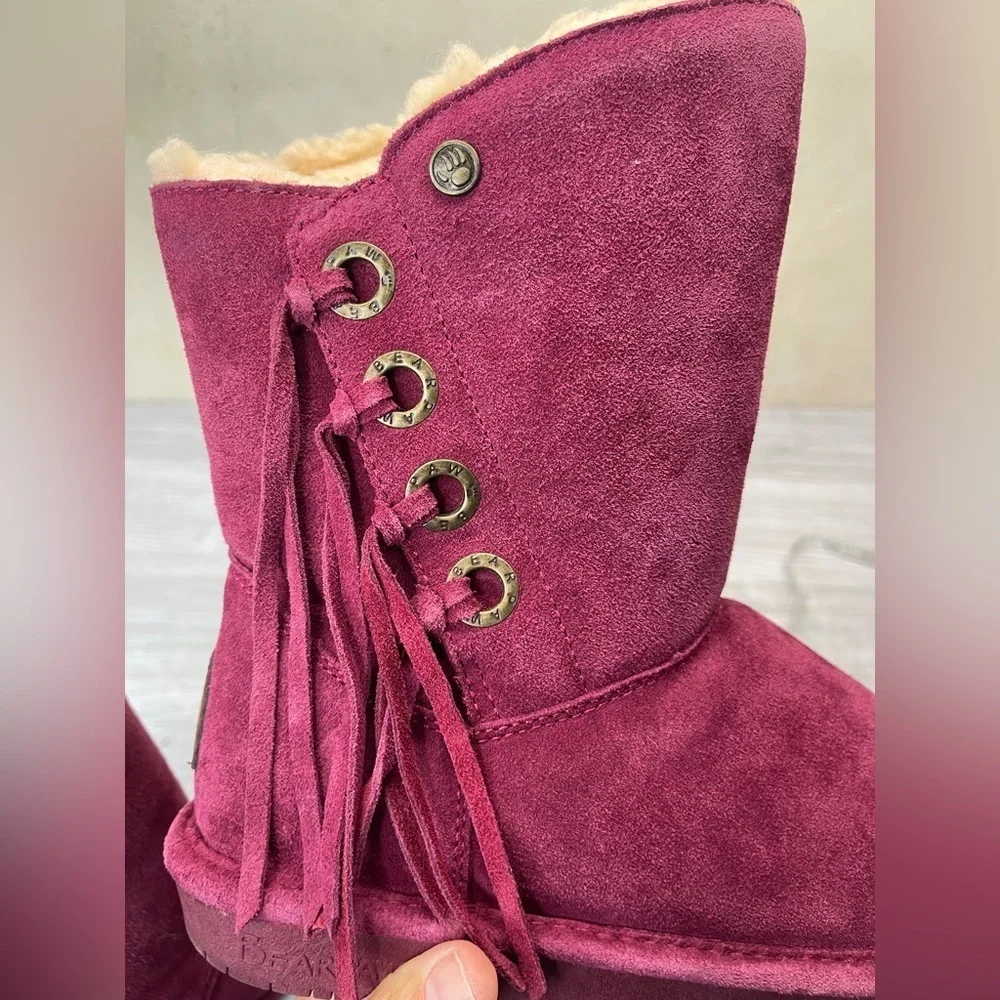 Bearpaw Arya Burgundy Maroon Suede Wool Blend Lining Fringe Winter Boots Size 7